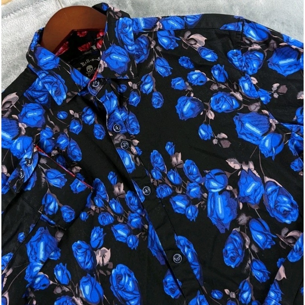 Rock Roll n Soul Shirt Men Medium Black Blue Floral Rose Button Down Long Sleeve